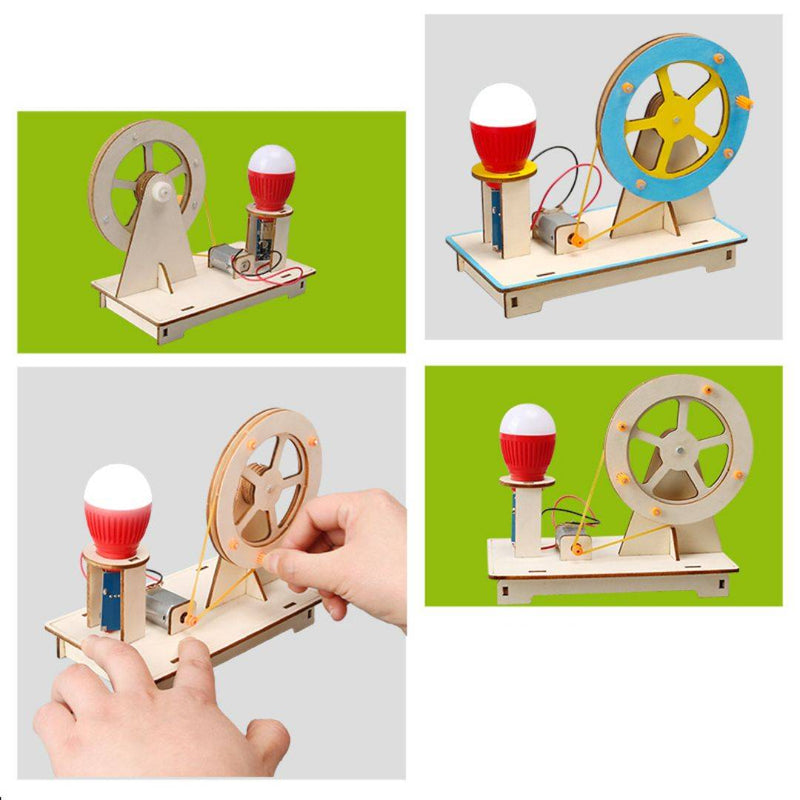 DIY hand-cranked generator educational toy kit made of recycled plastic and wood for STEM learning