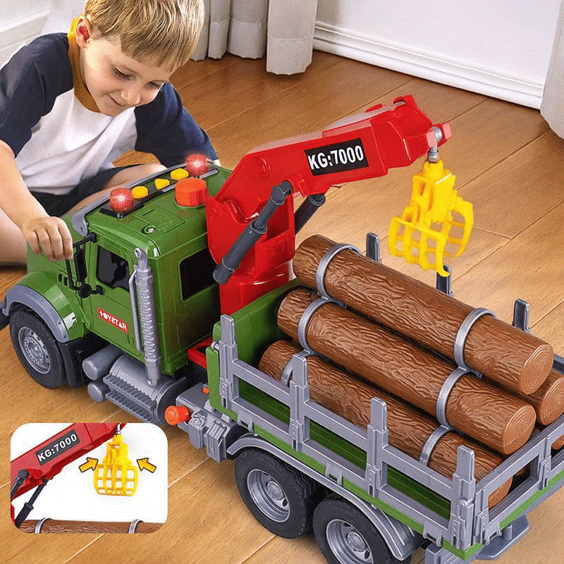 Oversized timber transport toy truck with crane, lights, and music for children aged 4-6