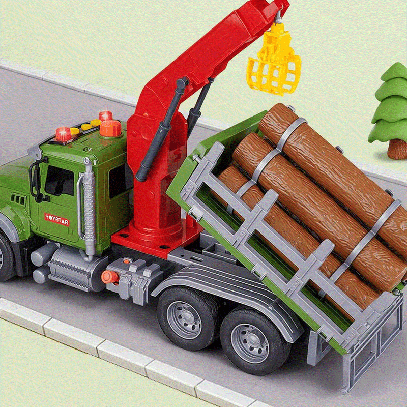 Oversized timber transport toy truck with crane, lights, music, and inertia-driven action for kids aged 4-6