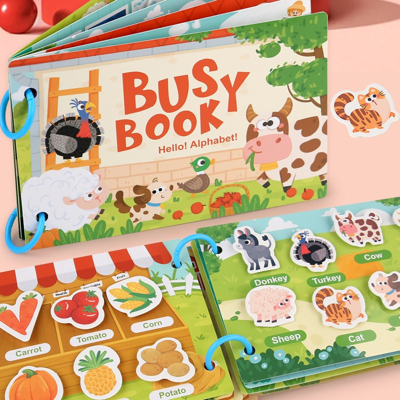 Child playing with early education busy book featuring reusable stickers and interactive puzzles for ages 4-6