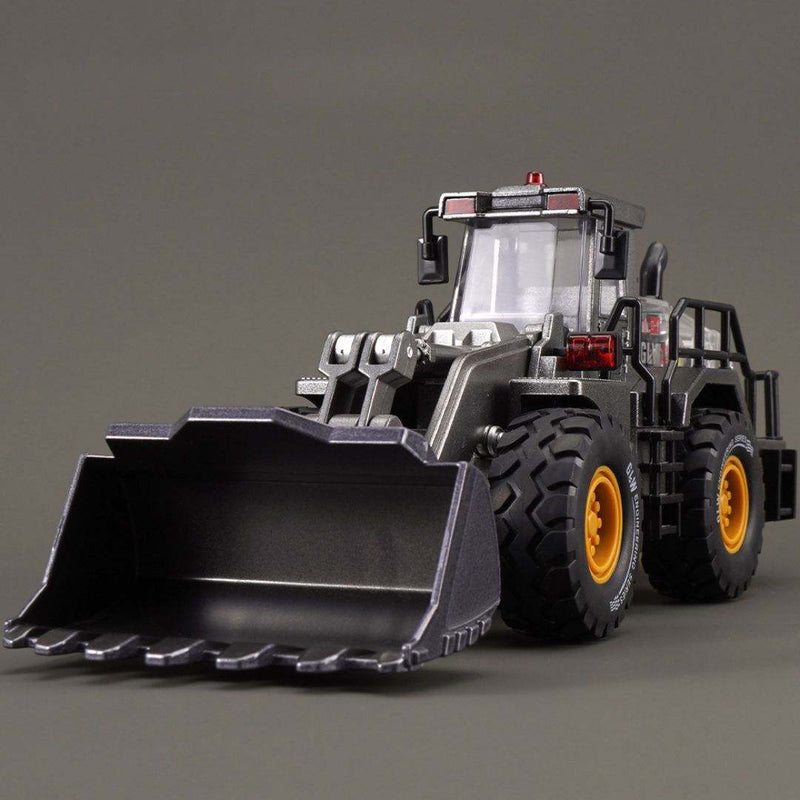 Set of alloy engineering vehicle toys including loader, bulldozer, road roller, and forklift for kids aged 4-6