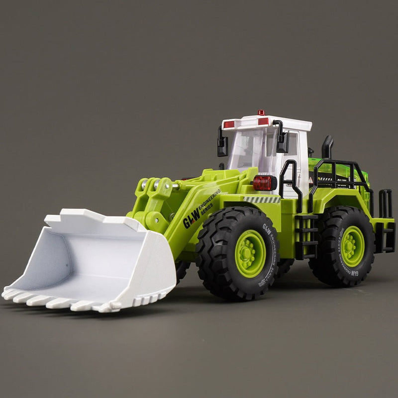 Set of alloy engineering vehicle toys for kids including loader, bulldozer, forklift, and road roller