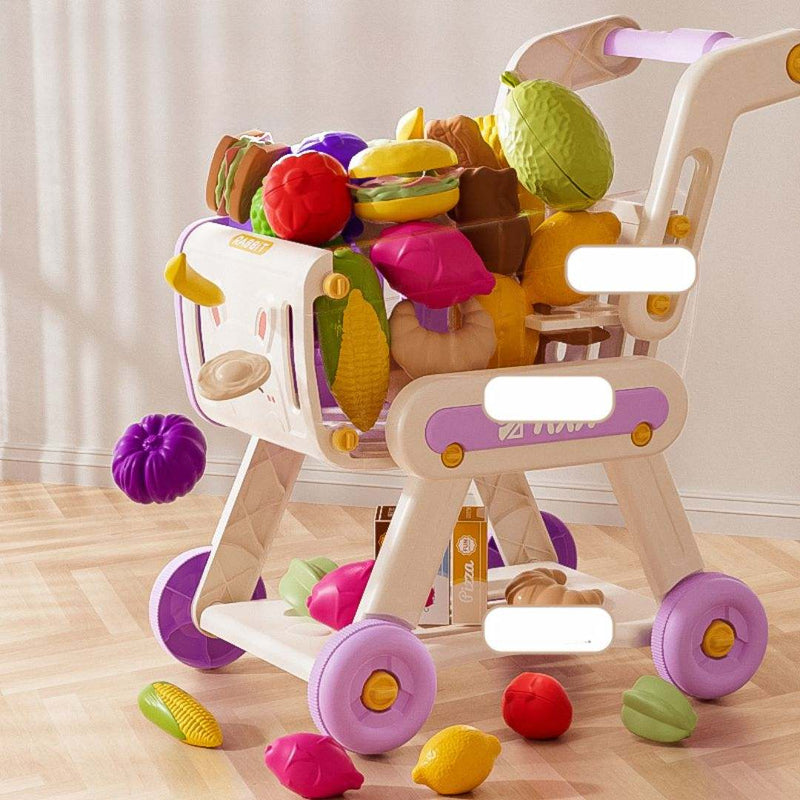 Colorful children's pretend shopping cart toy made of durable plastic for imaginative play ages 3-6