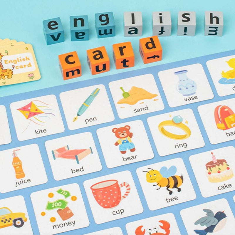 Children's English spelling game toy with colorful wooden letters for interactive learning and cognitive development
