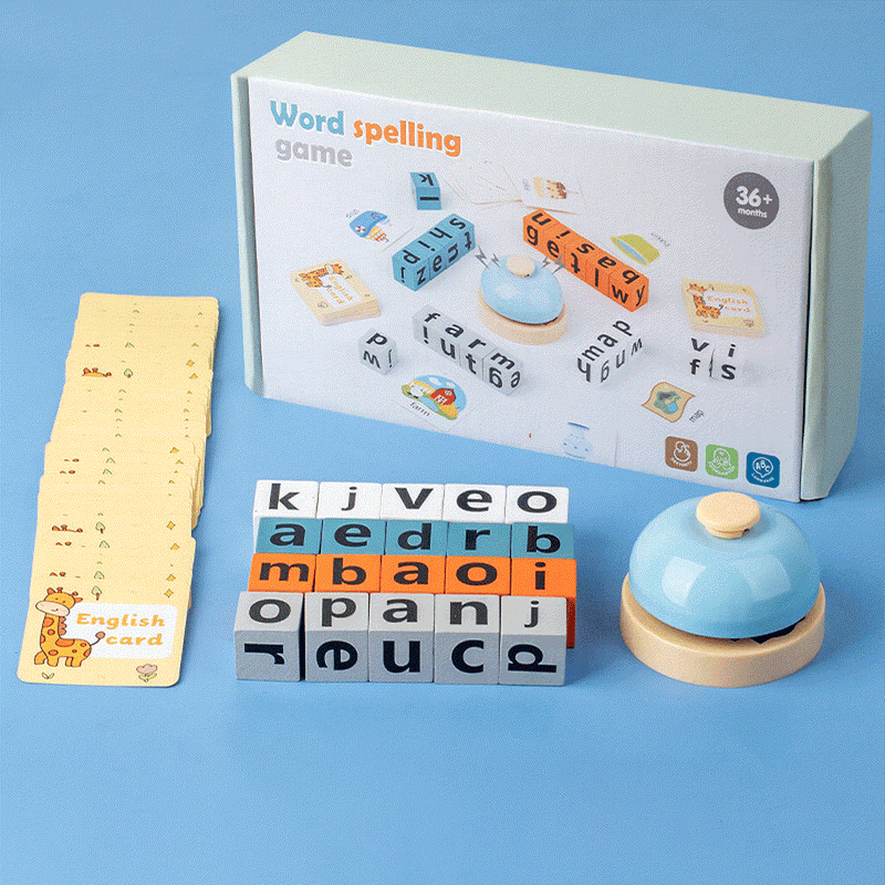 Children playing with a colorful wooden English spelling game toy for learning letters and words