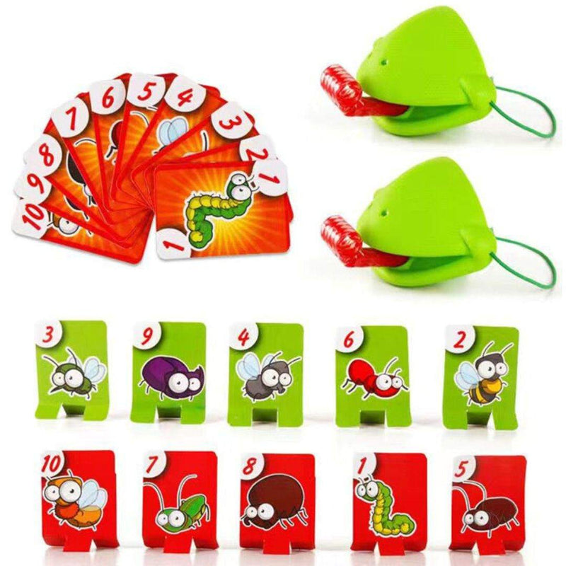 Family playing Frog Mouth Tongue-Out table game with soft rubber frog figure and interactive tongue feature