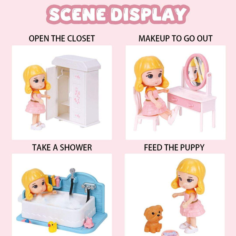 Colorful simulation furniture play set for kids including bedroom, bathroom, kitchen, and study pieces