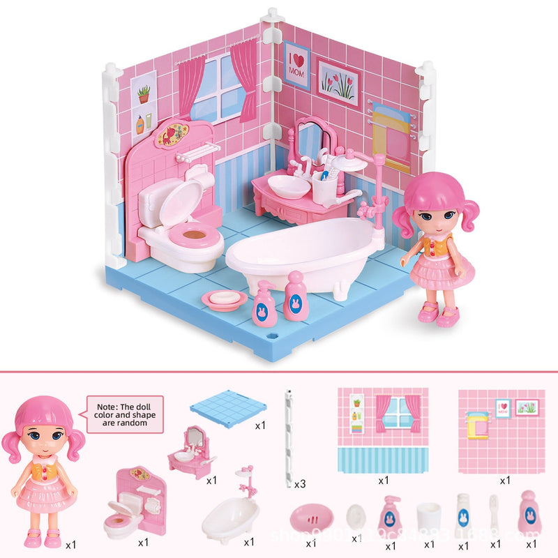 Colorful simulation furniture play set for kids with bedroom, kitchen, bathroom, and study pieces