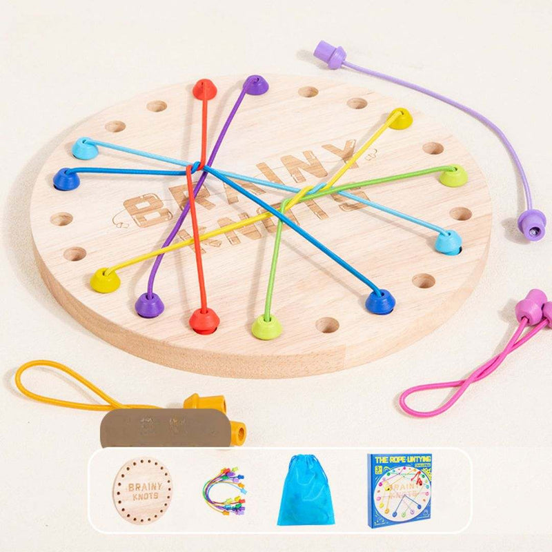 Children playing rope untying challenge game made of natural wood for skill development