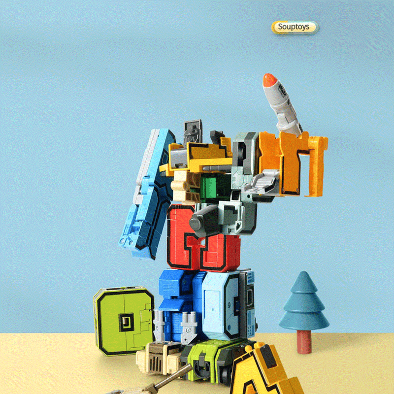 Digital deformation transforming robot building blocks toy in robot form with vibrant colors and car mode features
