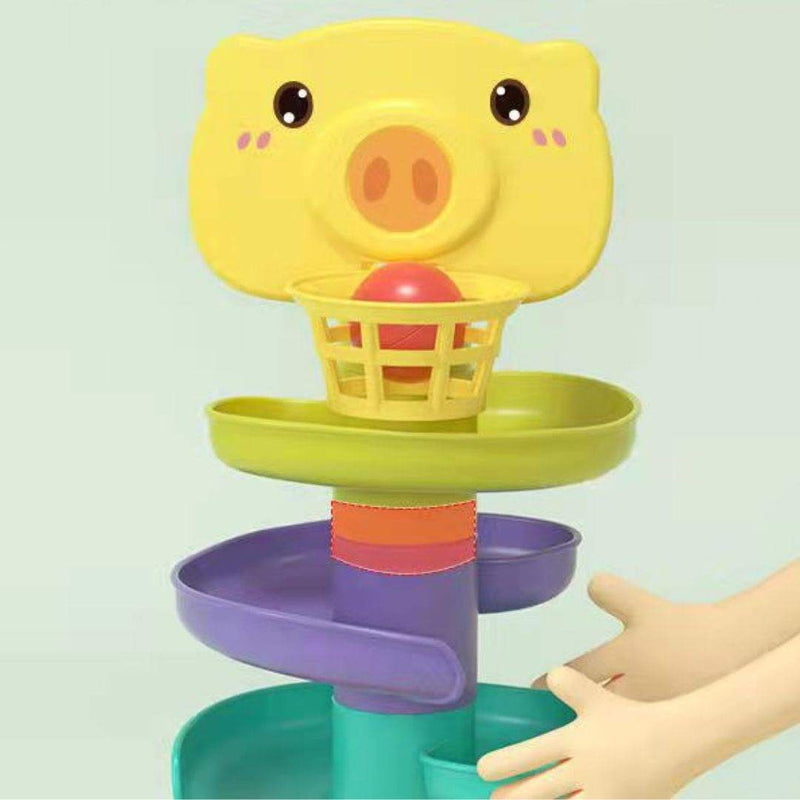 Interactive baby basketball stacking toy with colorful rings and basketball hoop