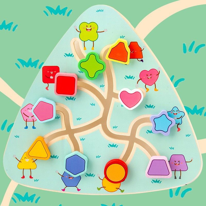 Colorful wooden fruit and number shape matching game with maze for children's learning and motor skills development