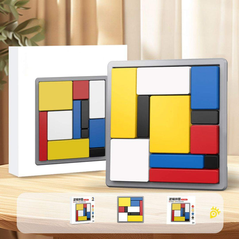 Children playing with educational wooden logic puzzle blocks promoting learning and creativity