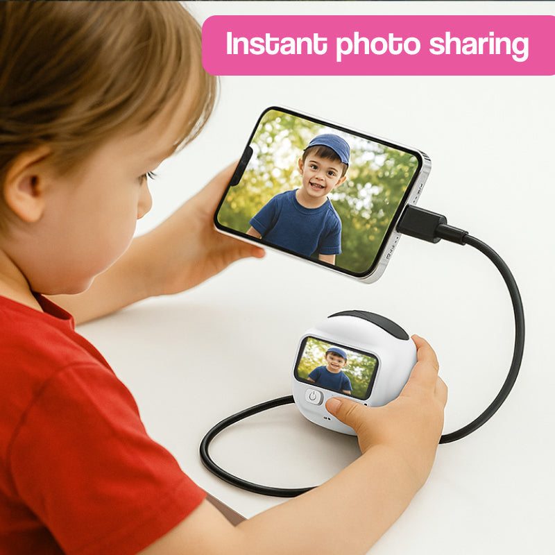 PocketLens Explorer Kids Camera in bright colors, compact and durable design for children aged 6+, with keychain clip and wrist strap.