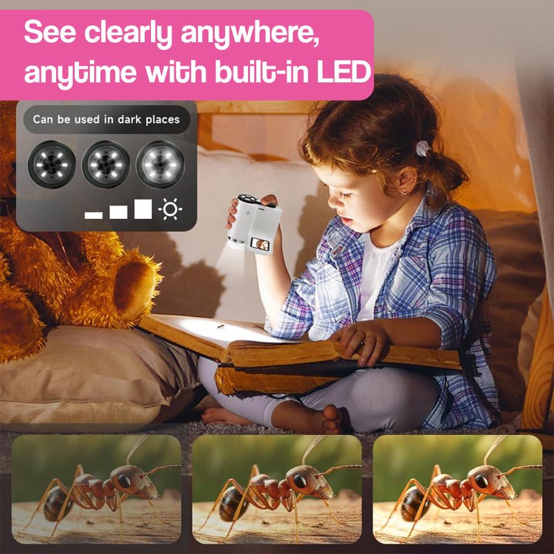 3-in-1 PocketScope handheld microscope with 1000× magnification and built-in LED display capturing 4K photos and HD videos for kids' outdoor and indoor exploration