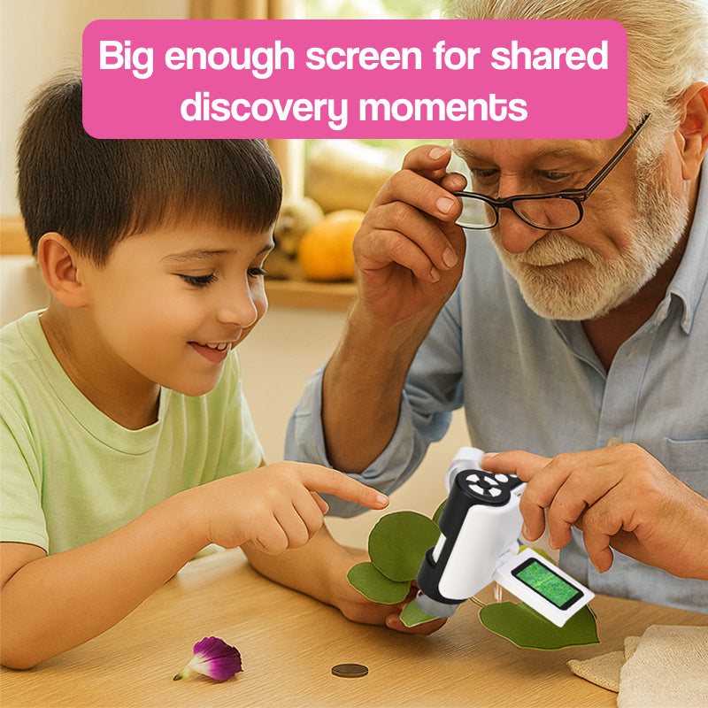 Compact 3-in-1 PocketScope microscope with built-in color screen, USB rechargeable, and hand strap for kids' exploration and 1000× magnification.