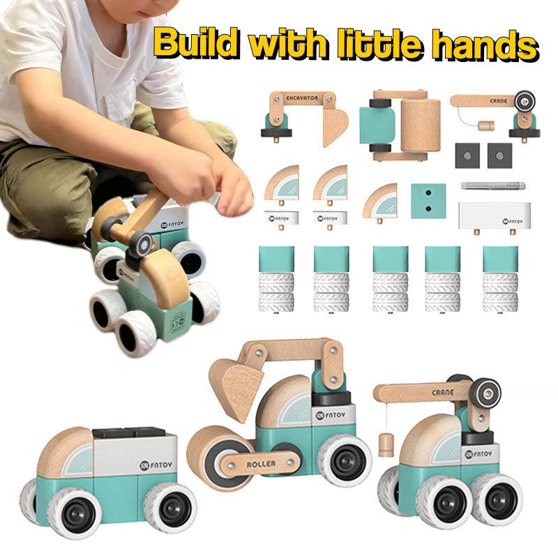 Wooden Montessori vehicle set with snap-together natural rubberwood pieces and silicone wheels for quiet play