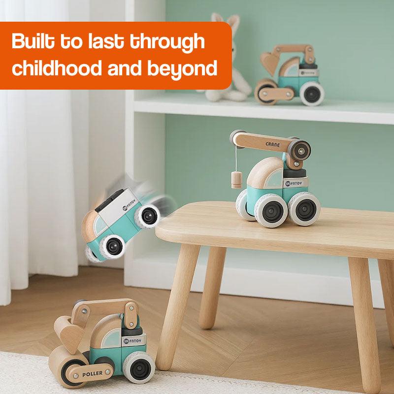 Wooden Montessori vehicle set with snap-together natural rubberwood pieces and silicone wheels for quiet play