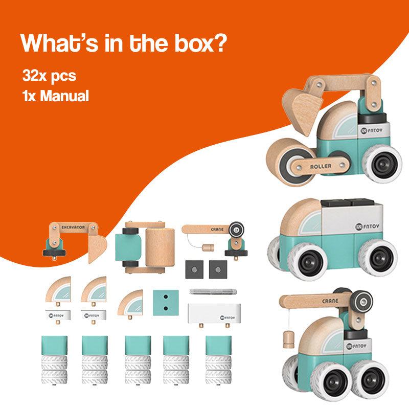 Wooden Montessori vehicle set with snap-together natural rubberwood pieces and silicone wheels for quiet indoor play