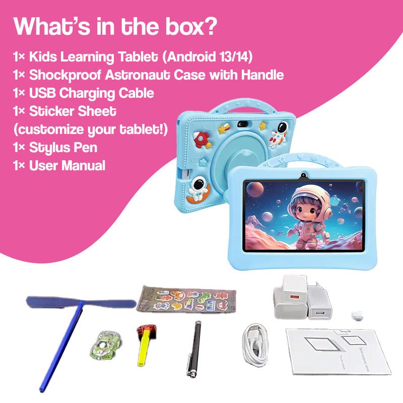 shockproof learning tablet with astronaut case, stylus pen, USB cable, stickers, and user manual for kids ages 2-6