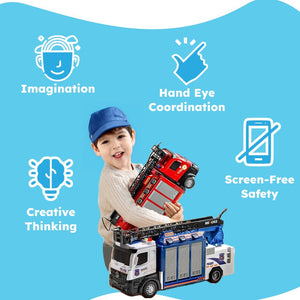 Child playing with Mega Rescue Water Spray Truck toy, promoting imagination, hand-eye coordination, creative thinking, and screen-free safety
