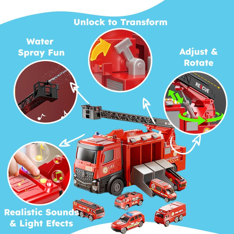 Mega Rescue Water Spray Truck with realistic lights, sounds, 12 die-cast cars, water spray, and transforming rescue HQ playset
