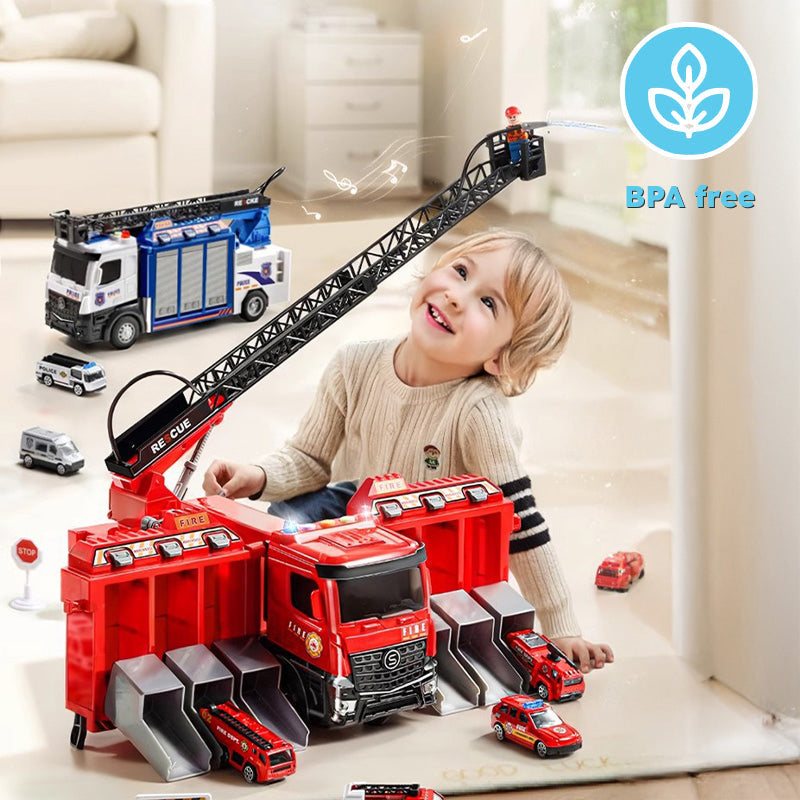 Child playing with Mega Rescue Water Spray Truck playset, spraying water and launching die-cast cars indoors