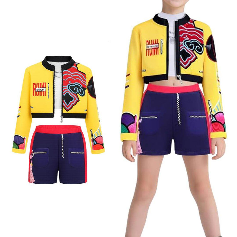 Kids wearing colorful warrior squad Halloween costumes with geometric patterns and combat-ready design outdoors