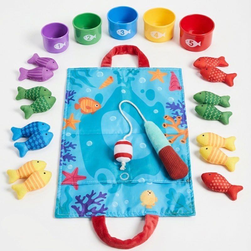 Little Fisherman Fishing Set with velcro fish, fishing rod, colorful stacking cups, and ocean play mat for toddlers ages 6 months to 2 years