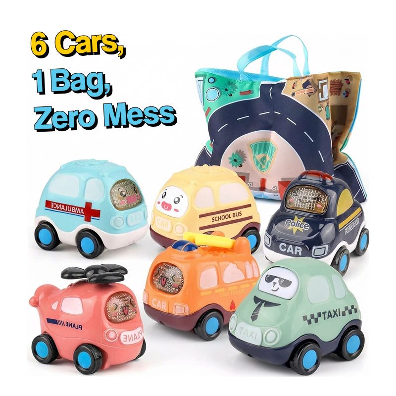 Little City Push & Go Car Set with six cartoon vehicles and foldable city play mat storage bag