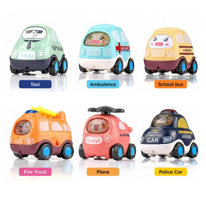 Six colorful push and go cartoon vehicles with foldable city play mat and storage bag for kids ages 3-6