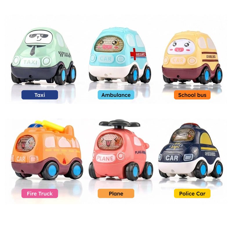 Six colorful push and go cartoon vehicles with foldable city play mat and storage bag for kids ages 3-6