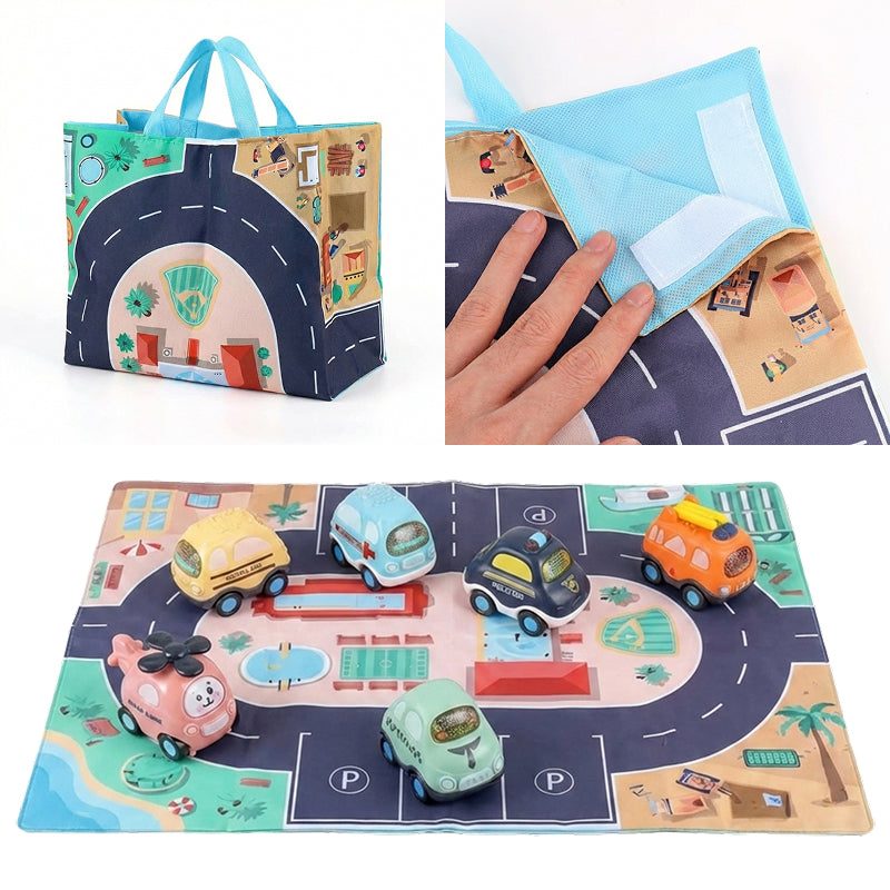 Little City Push & Go Car Set with 6 cartoon vehicles and foldable city play mat in carry bag