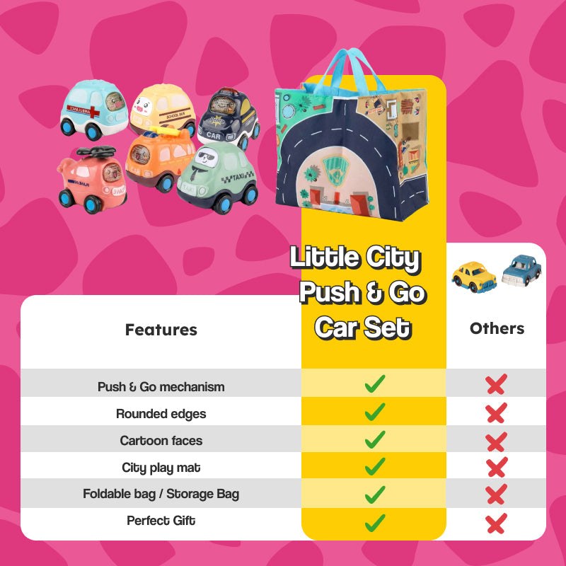 Little City Push & Go Car Set with six cartoon vehicles and foldable city play mat in carry bag