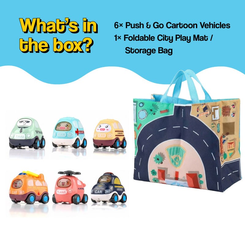 Little City Push & Go Car Set with six cartoon vehicles and foldable city play mat storage bag
