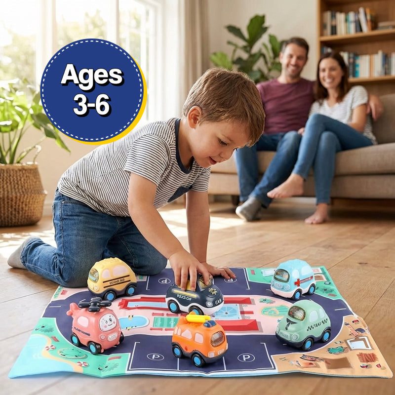 Little City Push & Go Car Set with 6 cartoon vehicles and foldable city play mat storage bag