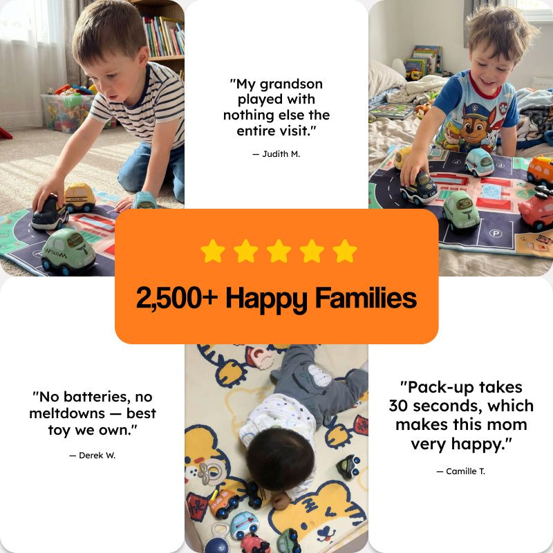 Little City Push & Go Car Set with six colorful cartoon vehicles and foldable city play mat carrying bag for kids aged 3 to 6