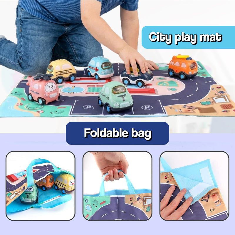 Little City Push & Go Car Set with six cartoon vehicles and foldable city play mat carry bag