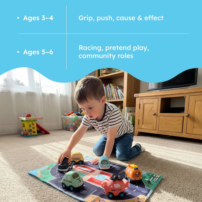 Little City Push & Go Car Set with 6 cartoon vehicles and foldable city play mat carry bag
