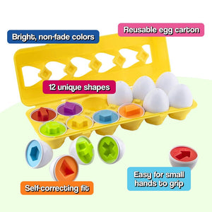 Montessori shape and color matching eggs toy with 12 colorful matching pairs and reusable carton for toddlers aged 18 months plus
