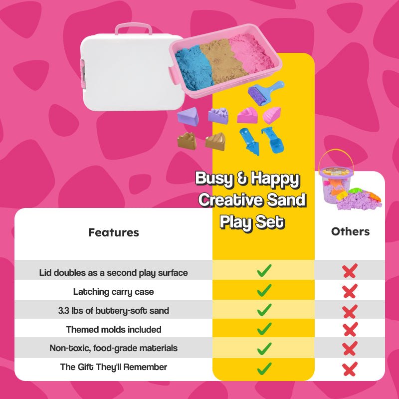 Busy & Happy Magic Sand Play Set with tray, tools, molds, and 1500g of non-drying kinetic sand for kids aged 3+