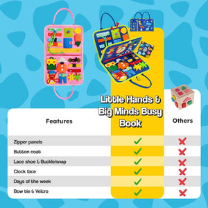 Little Hands & Big Minds Busy Book toddler activity handbag with zippers buttons buckles and clock for ages 1-4