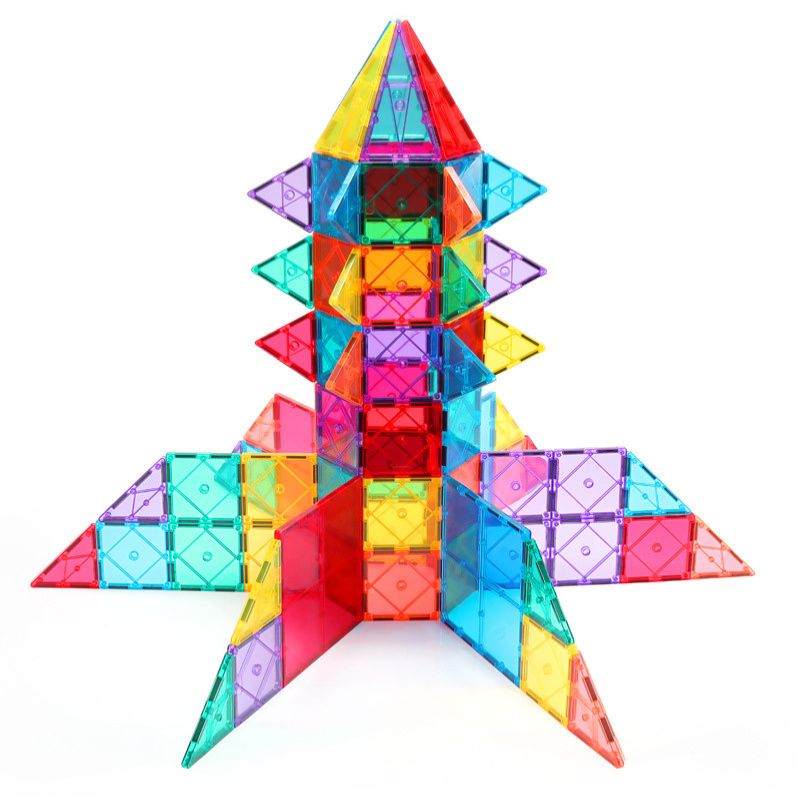 Colorful transparent magnetic building tiles and figures for creative play and learning