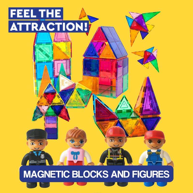 Colorful magnetic building tiles and figures bundle for creative play and learning