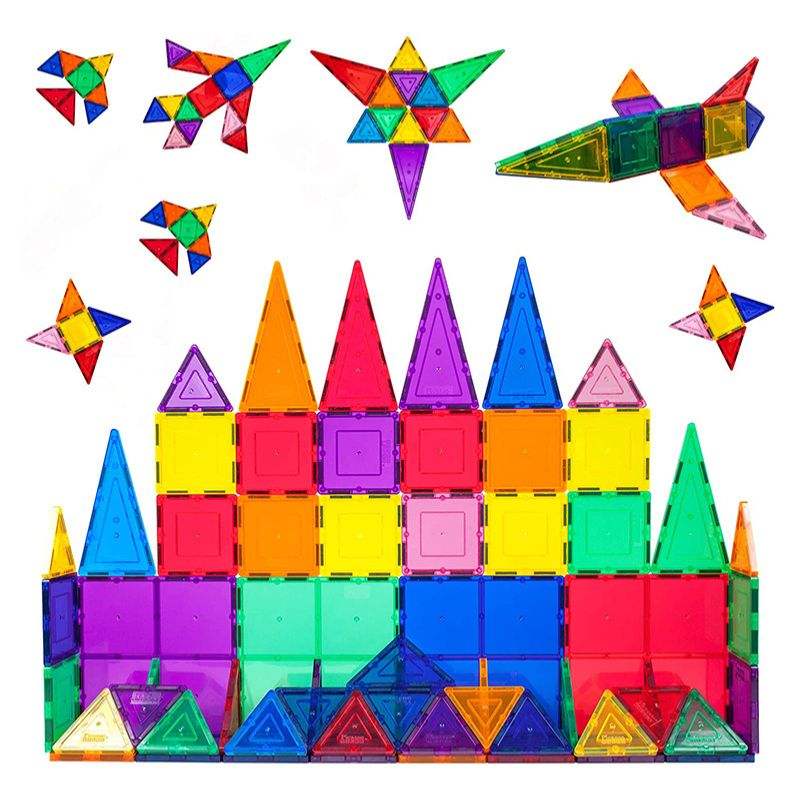 Colorful transparent magnetic building tiles arranged in 3D geometric shapes for creative play