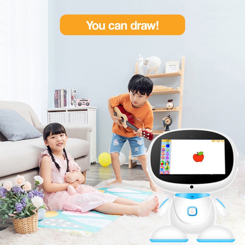 Children playing with AI-powered STEM learning robot featuring interactive screen and educational activities in home setting