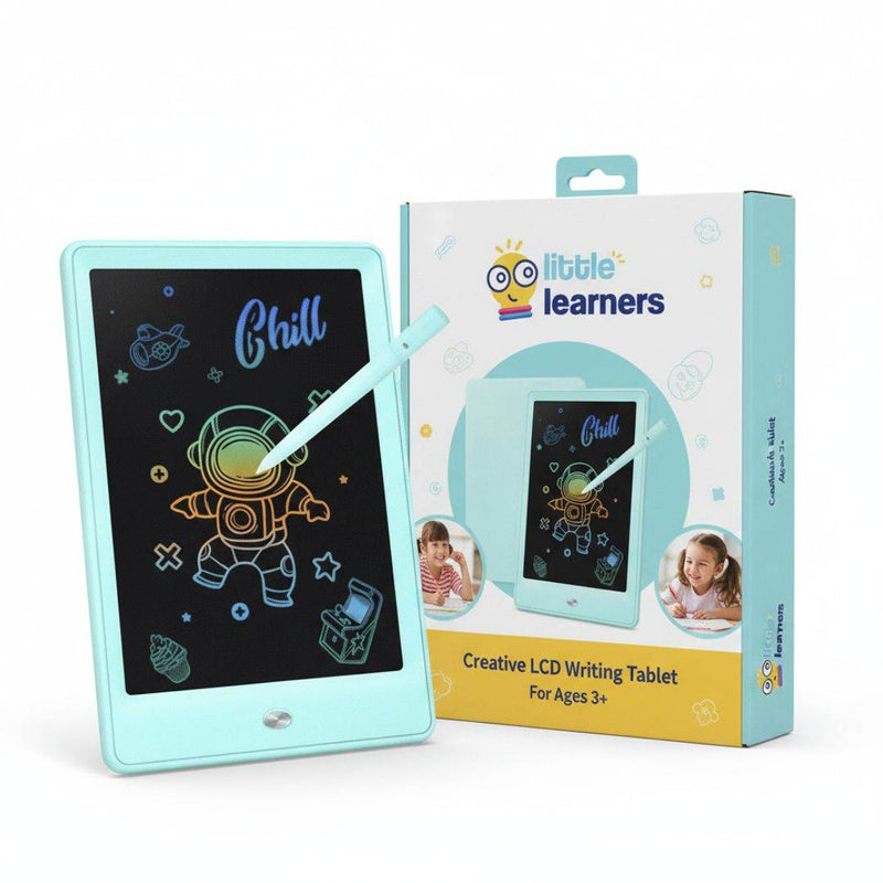 Child using colorful LCD writing and drawing tablet with stylus on vibrant screen