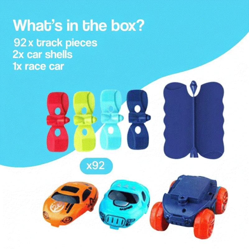 Anti-Gravity Race Track set with LED cars, 92 colorful track pieces, and flexible loops for creative racing fun.