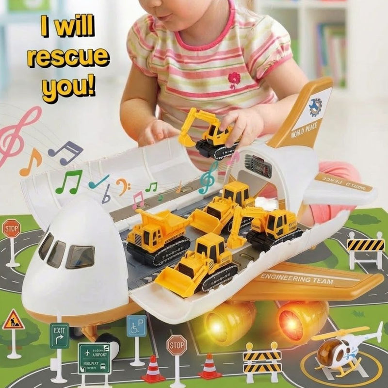 Little Hero Command Center airplane toy with ramp launcher, rescue vehicles, lights, and sounds for imaginative play.