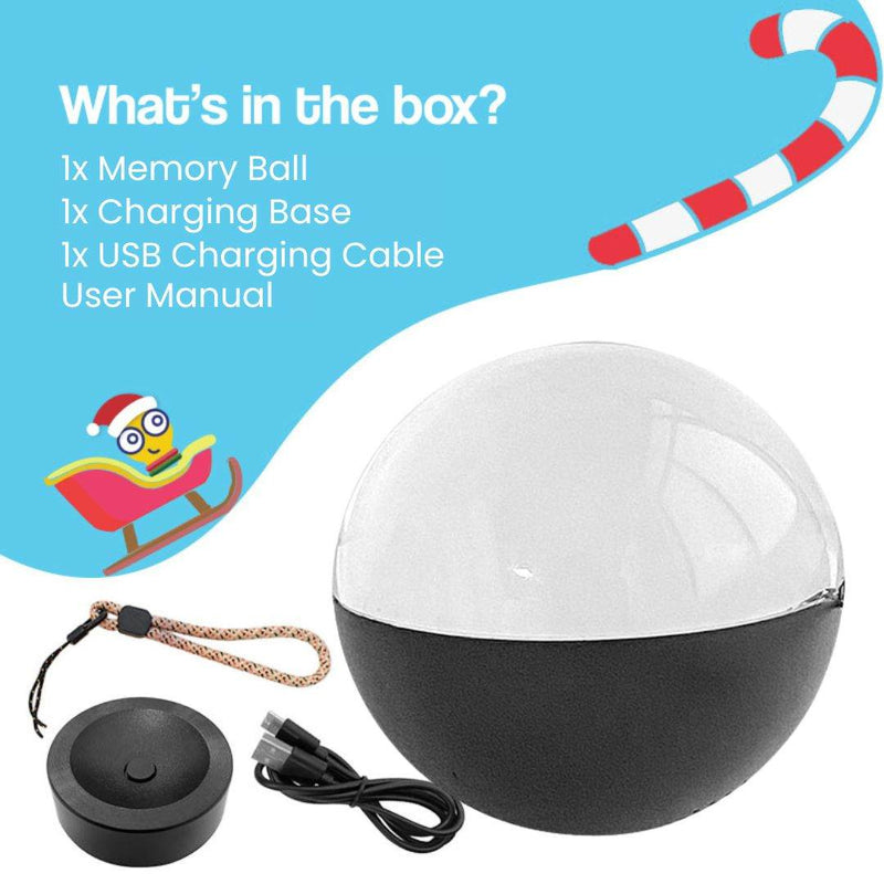 3D holographic video memory ball glowing on wooden table with festive Christmas tree lights in background